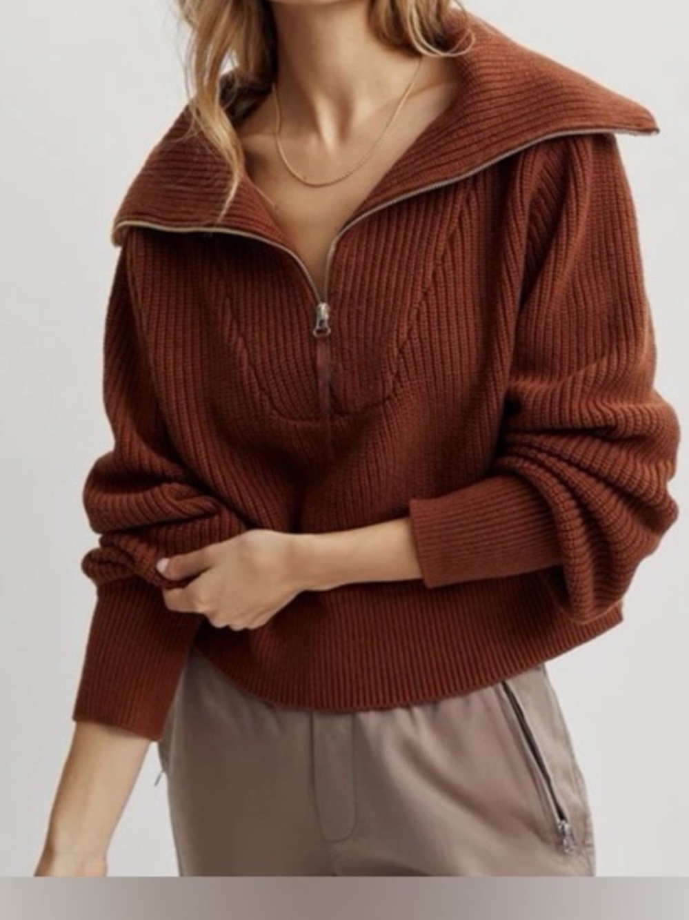 Varley Mentone Knit Quarter Zip Cotton Pullover Large Orange